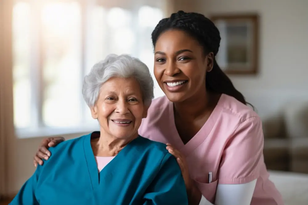 A caregiver in scrubs smiling with a client